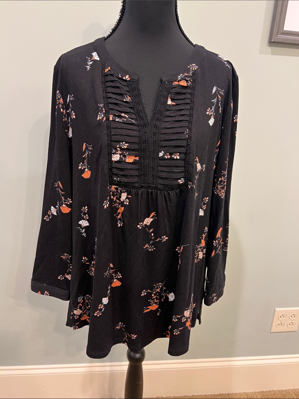 Daniel Rainn Black Floral Pintuck Tunic with Orange and Cream Accents